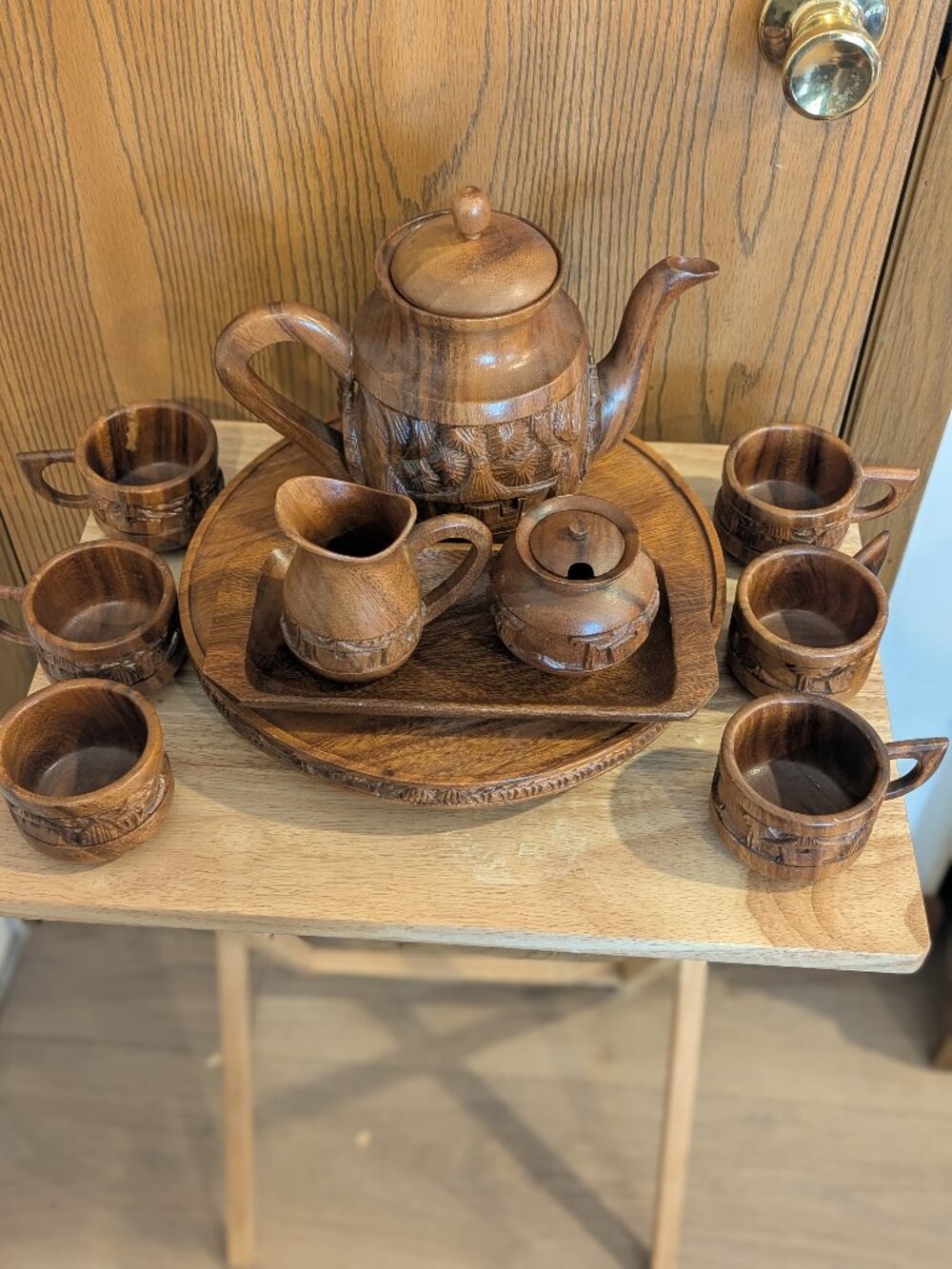 VTG 13 Piece Carved Wooden Tea Set Kettle, Mugs, Creamer, Sugar Bowl, Tray, Base